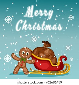 Merry Christmas Greeting Card. Cute Gingerbread Man and Sleigh with Gift Bag. Vector Illustration. Cartoon Character