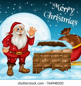 Merry Christmas Greeting Card. Cute Santa Claus and Sleigh with Gift Bag. House Roof and Chimney. Vector Illustration. Cartoon Character