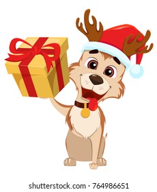 Merry Christmas greeting card. Cute dog wearing Santa Claus hat and deer antlers and holding gift box. Vector illustration on white background
