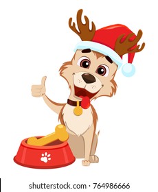 Merry Christmas greeting card. Cute dog wearing Santa Claus hat and deer antlers sitting near bowl with food. Vector illustration on white background