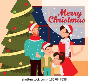 merry christmas greeting card dad mom and kids with tree celebration vector illustration
