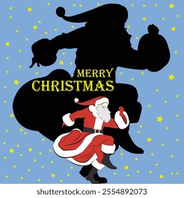 Merry Christmas greeting card with dancing Santa Claus background