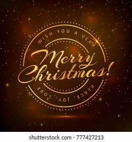 Merry Christmas! Greeting card with dark background and golden typography badge. Vector illustration.