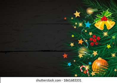 Merry Christmas greeting card with Christmas decor fir twigs and confetti on a wooden background. Beautiful new year background . Vector