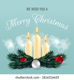 Merry Christmas greeting card decorated with candles, ball ornaments, pine tree branch and bokeh effect. 3d realistic vector illustration