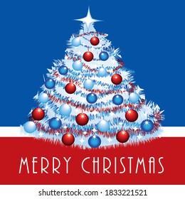 Merry christmas greeting card with decorated tree. Vector illustration with american flag colors.