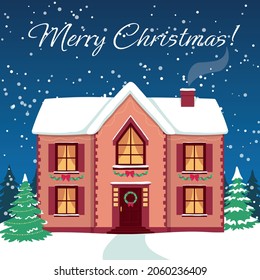 Merry Christmas Greeting Card. Decorated house. Building in winter. Christmas vector illustration.
