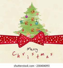 Merry Christmas greeting card decorated with beautiful X-mas tree and red ribbon on beige background.