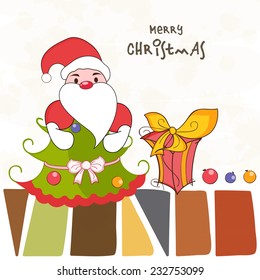  Merry Christmas greeting card decorated with cute Santa Claus, X-mas tree and gift box on stylish background.