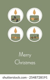 Merry Christmas. Greeting card with decorated candles in green, gold and anthracite.