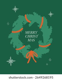 Merry Christmas greeting card with decorated christmas wreath, red ribbon, bow and snowflakes. Art web banner, poster, template cover holiday postcard. Isolated vector illustration, green background