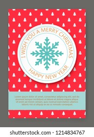 Merry christmas greeting card decoration. Vintage card with snowflake. Merry Christmas typography and elements for holidays with greeting card template and pattern. Vector brochure in flat style.