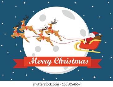 Merry christmas greeting card decoration with cute cartoon Santa Claus flying on a sleigh with reindeers - Vector illustration