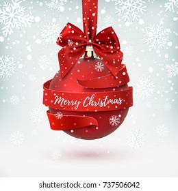 Merry Christmas greeting card, decoration with red bow and ribbon around, on winter background. Brochure or poster template. Vector illustration.