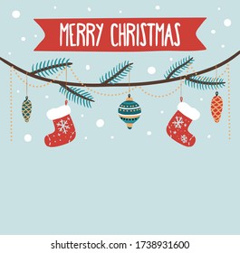 Merry christmas greeting card with decorations on twig vector illustration. Red socks ball and festive pinecones cartoon design on blue background. Winter holidays concept