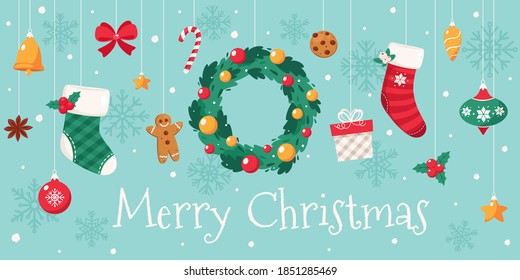 Merry Christmas greeting card. Christmas decorations collection. Vector illustration.