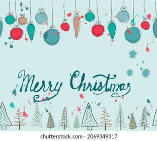 Merry Christmas greeting card with decorations balls and Christmas trees, splashes of paint, vector illustration congratulations or invitations to the New Year holidays