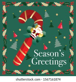 Merry Christmas Greeting Card with Decorative Border Elements and Ornaments - Wreath, Mistletoe, Bell, Candy Cane, Ribbon, Santa 