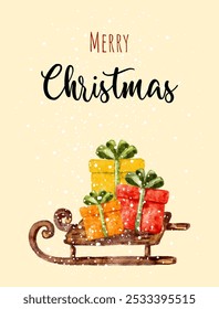 Merry Christmas greeting card. A decorative wooden sleigh loaded with vibrant wrapped gifts celebrates the holiday spirit.