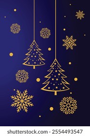 Merry Christmas greeting card with decorative items, Minimalist geometric elements, Hanging Christmas tree, snow particles for holiday decoration, Modern vector flat illustration, Display, Digital use