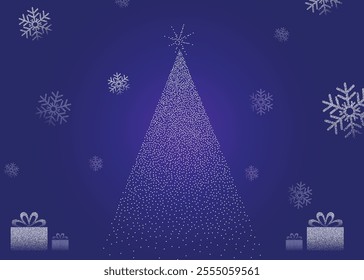 Merry Christmas greeting card with decorative items, Minimalist geometric elements, Hanging Christmas tree, snow particles for holiday decoration, Modern vector flat illustration, Display, Digital use