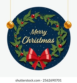 Merry Christmas Greeting Card with Decorative Wreath and Baubles Hang on White Background.