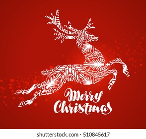 Merry Christmas greeting card. Decorative xmas reindeer. Vector illustration