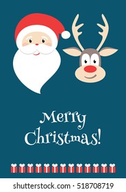 Merry Christmas greeting card. Decorative invitation template. Santa Claus, reindeer and presents. Poster with red bow. Place for text. Holiday themed design with red bow.