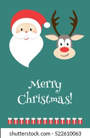 Merry Christmas greeting card. Decorative invitation template. Santa Claus, reindeer and presents. Poster with red bow. Place for text. Holiday themed design with red bow.