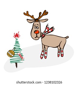 Merry Christmas greeting card with deer and Christmas tree with toys. Creative hand drawn card for winter holidays with cute deer. Vector illustration of cute cartoon Christmas reindeer 