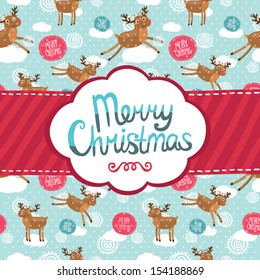 Merry Christmas greeting card with deer pattern. Holiday vector illustration