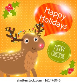 Merry Christmas greeting card with deer. Holiday vector illustration