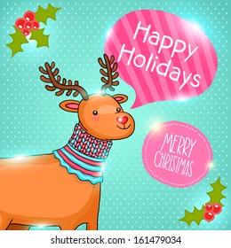 Merry Christmas greeting card with deer. Holiday vector illustration