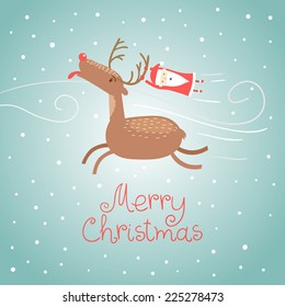Merry Christmas greeting card with a deer trying to catch snowflakes and Santa Claus in winter. Vector illustration.