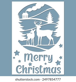 Merry Christmas greeting card with deer, template for cutting.