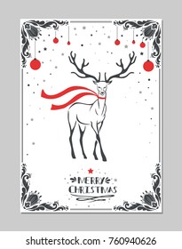 Merry Christmas greeting card with deer, decoration elements and christmas ball. This illustration can be used for card, poster or print.