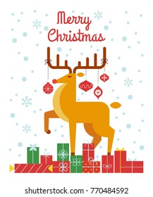Merry Christmas greeting card with deer and gifts. Vector illustration in a flat style.