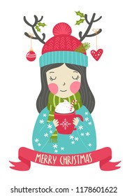 Merry Christmas greeting card design with young girl drinking hot chocolate. Vector illustration