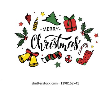 Merry Christmas greeting card design. Hand lettering quote, sketched christmas objects on a white background makes it perfect for prints, posters, banners, invitations, etc. Vector illustration EPS 10