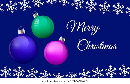 Merry Christmas greeting card design with realistic pink blue and green glass christmas balls, 3d Baubles. Vector illustration on dark blue background with white snowflake border