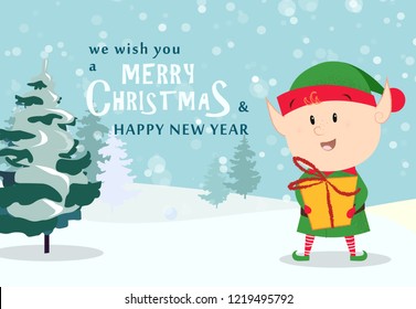 Merry Christmas greeting card design with cute elf holding gift. Snowy fir trees in background. Illustration can be used for banners, posters, postcards