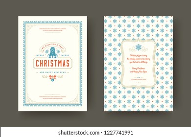 Merry Christmas greeting card design template. Christmas and holidays wishes vintage typographic quote with pattern background. Vector illustration.