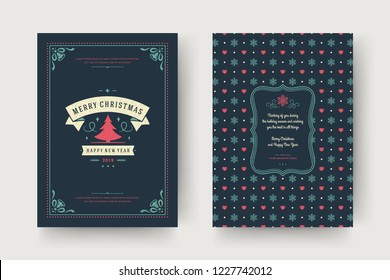 Merry Christmas greeting card design template. Christmas and holidays wishes vintage typographic quote with pattern background. Vector illustration.