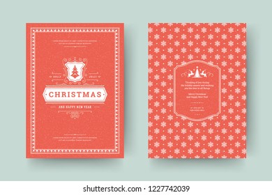 Merry Christmas greeting card design template. Christmas and holidays wishes vintage typographic quote with pattern background. Vector illustration.