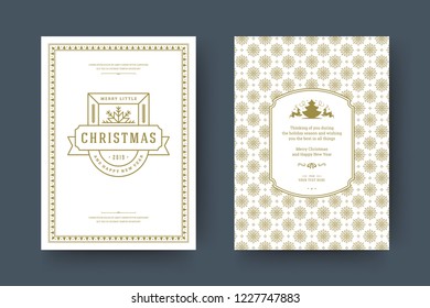 Merry Christmas greeting card design template. Christmas and holidays wishes vintage typographic quote with pattern background. Vector illustration.