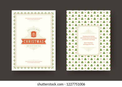 Merry Christmas greeting card design template. Christmas and holidays wishes vintage typographic quote with pattern background. Vector illustration.