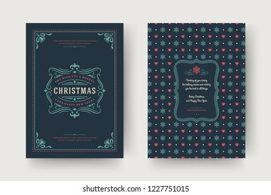 Merry Christmas greeting card design template. Christmas and holidays wishes vintage typographic quote with pattern background. Vector illustration.