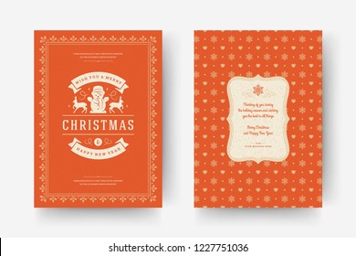Merry Christmas greeting card design template. Christmas and holidays wishes vintage typographic quote with pattern background. Vector illustration.