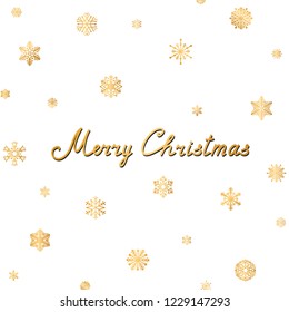 Merry Christmas greeting card design. Snow pattern with gold snowflakes over white background. Happy Winter Holiday Wallpaper. Doodle Greeting Card with handwritten Lettering MERRY CHRISTMAS