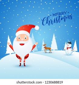 Merry Christmas greeting card design with cute santa clause, snowman and reindeer on winter landscape background.